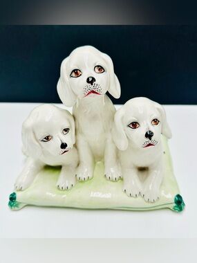 Vintage Italy White Puppies on Green Pillow Ceramic Figurine Dogs MCM 7” Tall